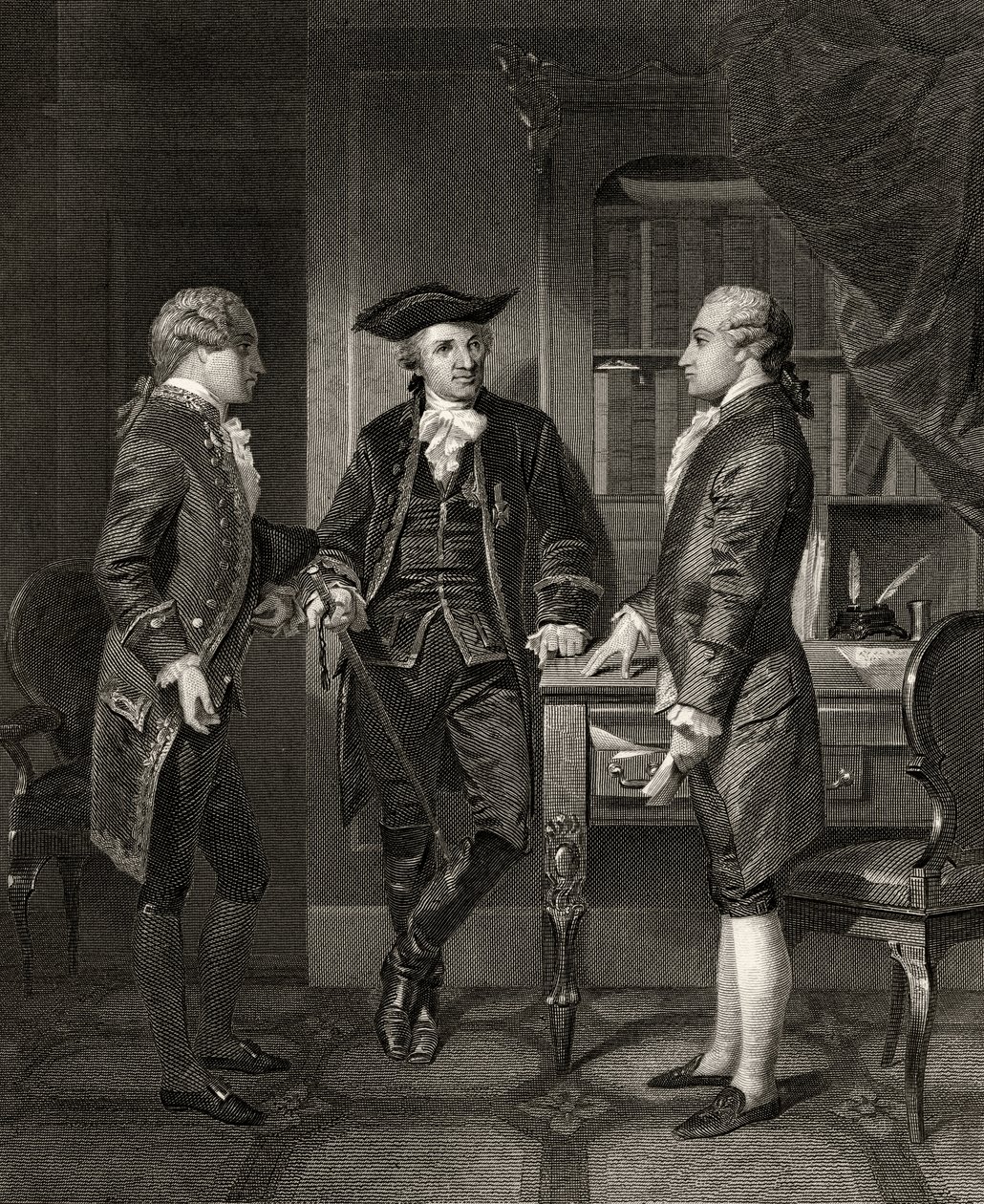 Baron de Kalb (Mitte) stellt Lafayette Silas Dean vor, aus 