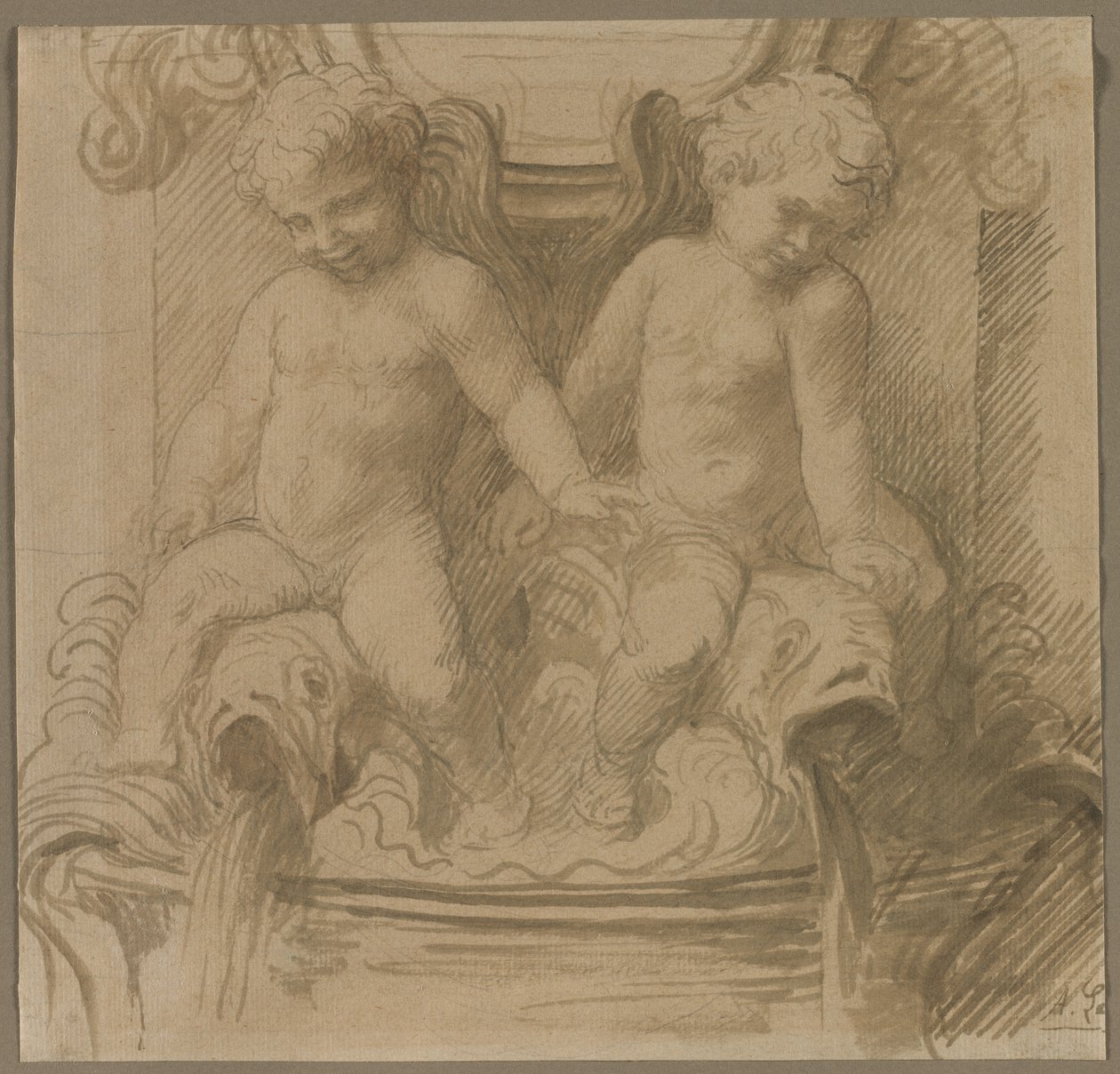 Brunnen mit Putti, die auf Delfinen reiten von Alphonse Legros