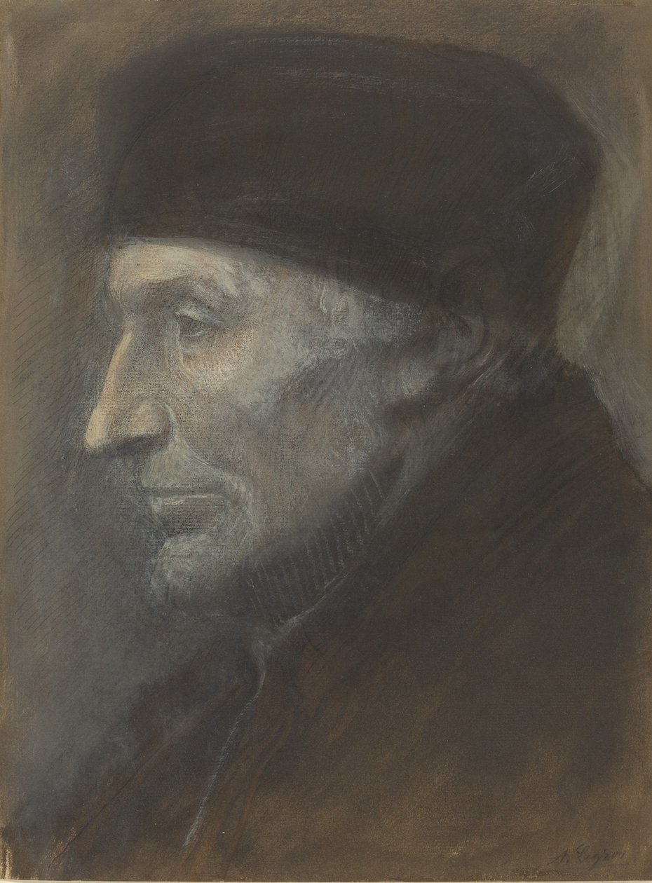 Kopf eines Mannes mit Schädelkappe von Alphonse Legros