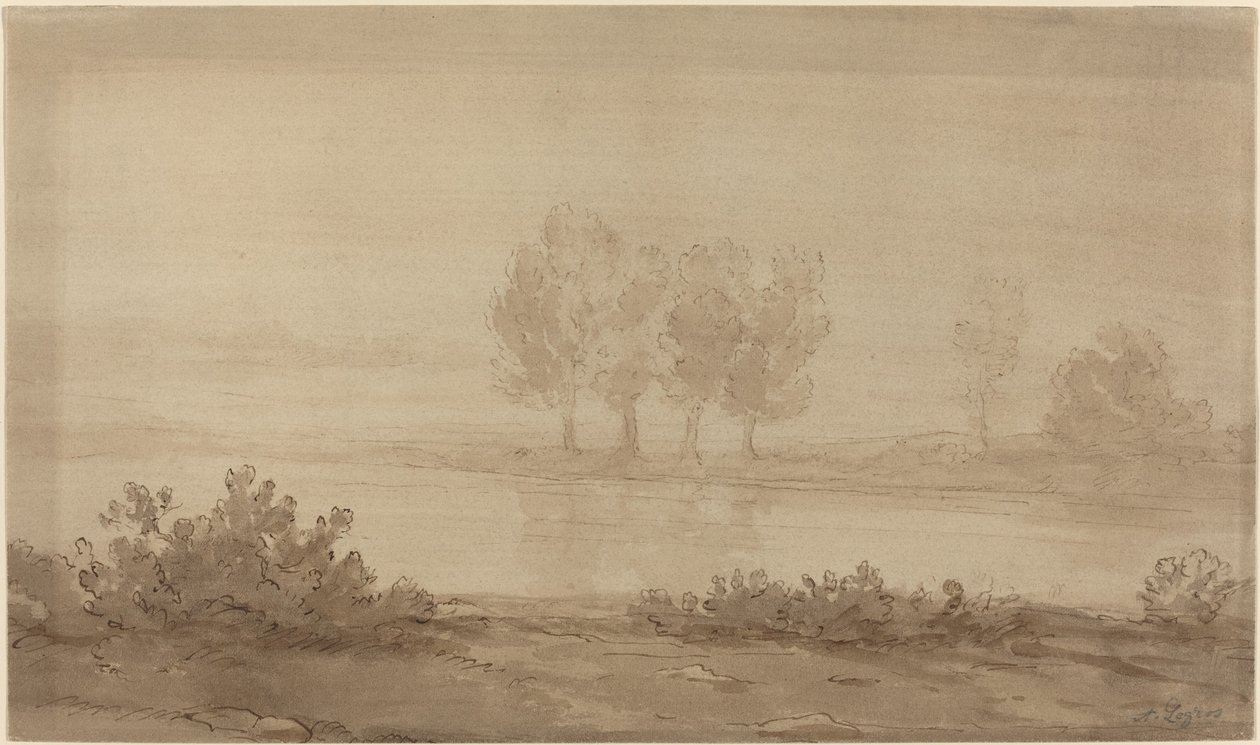 Landschaft - Vier Bäume jenseits eines Flusses von Alphonse Legros