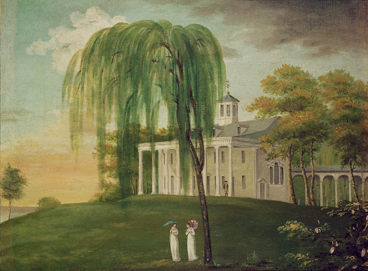Präsident George Washington (1732-99) auf der Veranda seines Hauses in Mount Vernon von American School