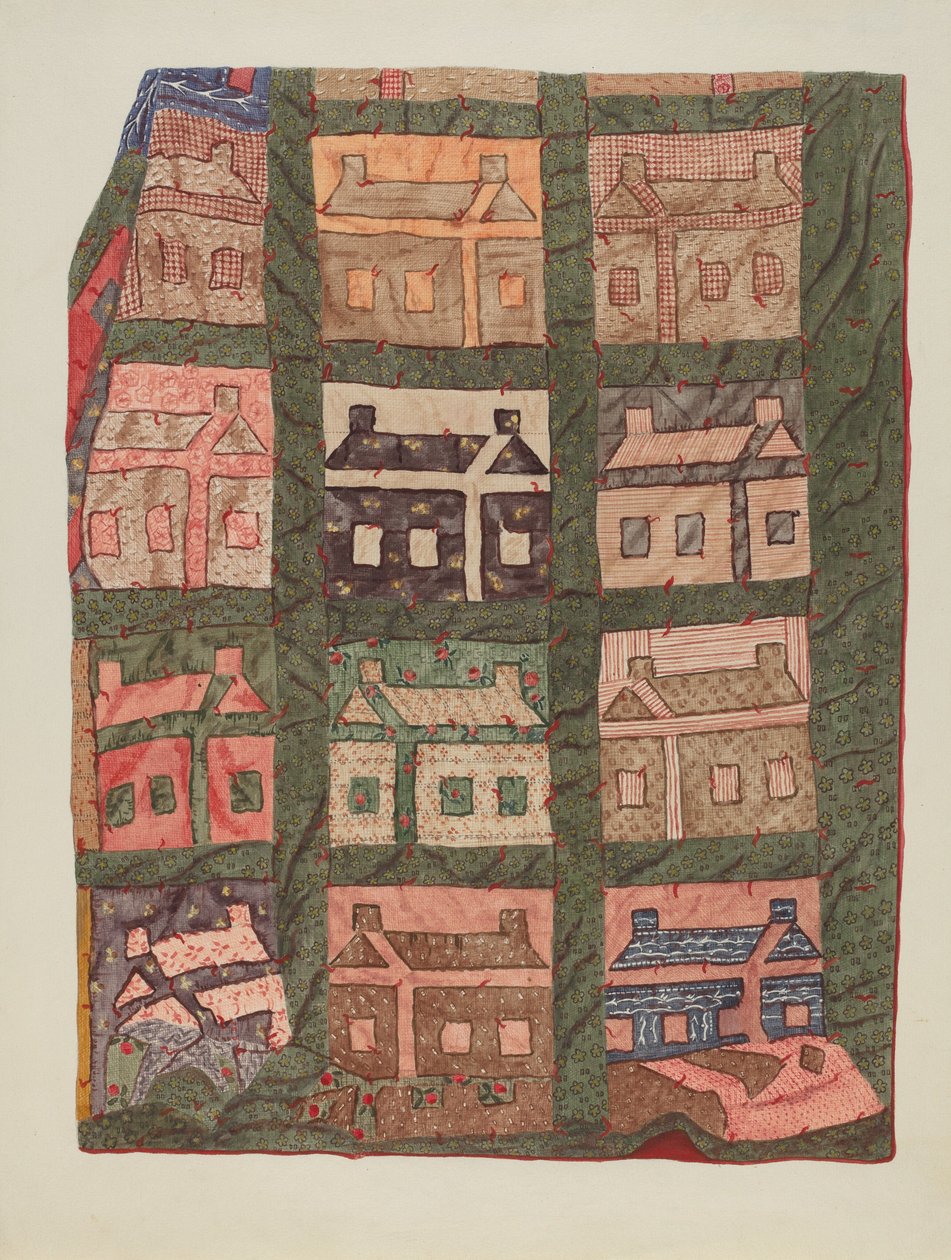 Blockhütten-Patchwork-Quilt von American 20th Century