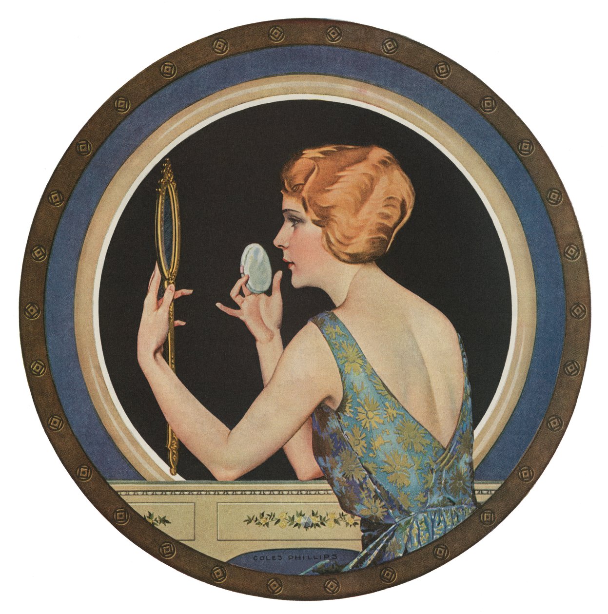 Flapper trägt Make-up vor einem Spiegel auf von American School
