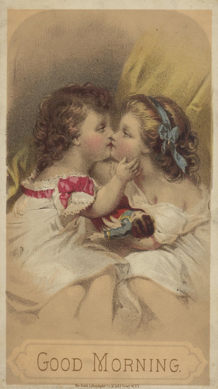 Guten Morgen, Kinder küssen sich (Chromolithographie) von American School