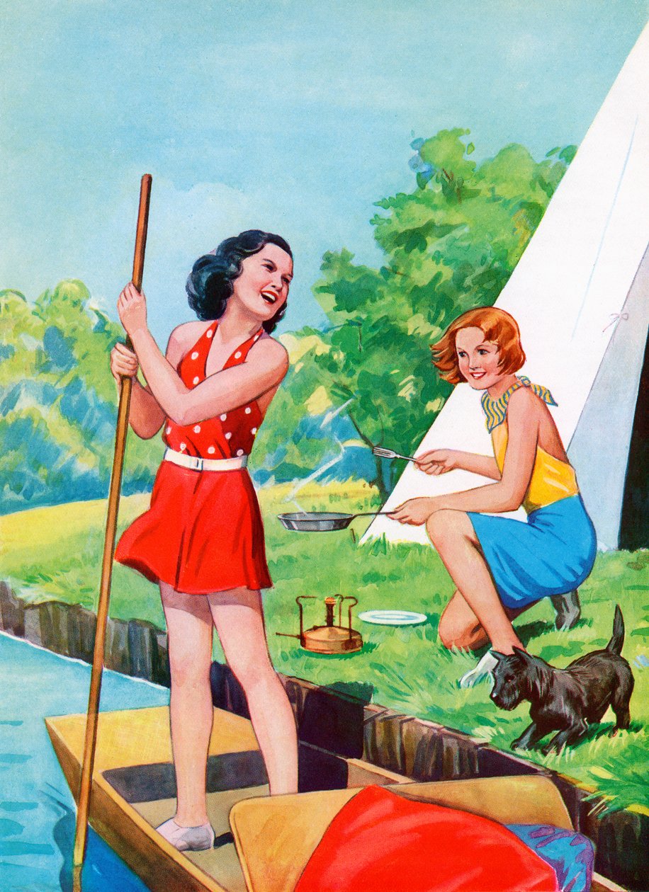 Zwei junge Mädchen beim Camping von American School