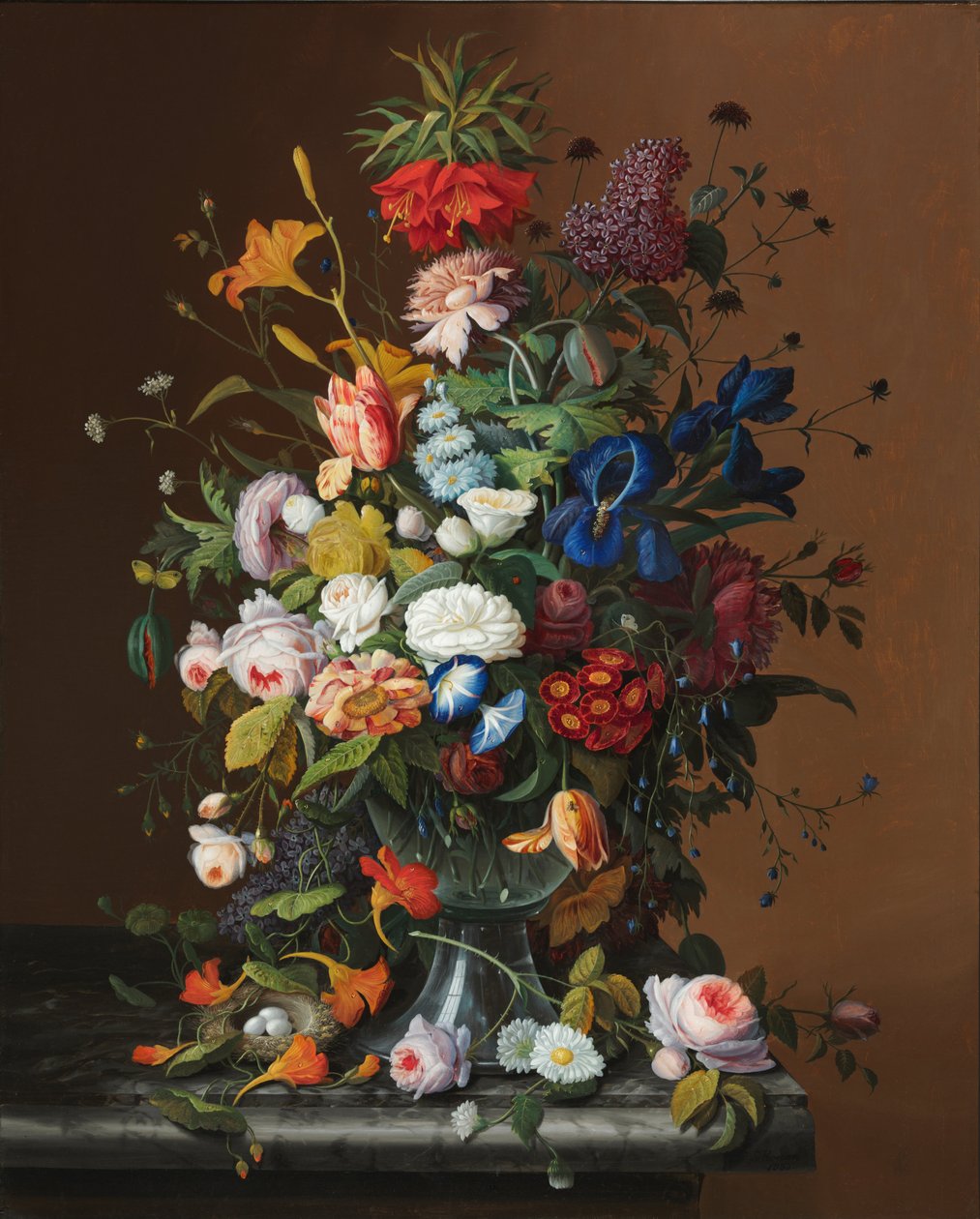 Blumenstillleben mit Vogelnest von American Severin Roesen