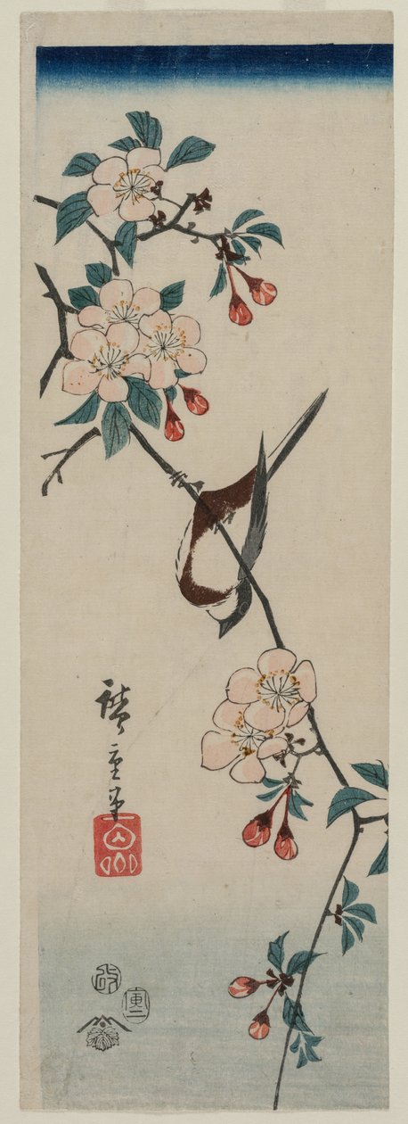 Kleiner Vogel Schwalbe auf Kirschzweig, 1854 von Ando Hiroshige