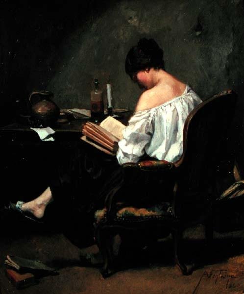 Mädchen liest bei Kerzenlicht von Andre Fontaine