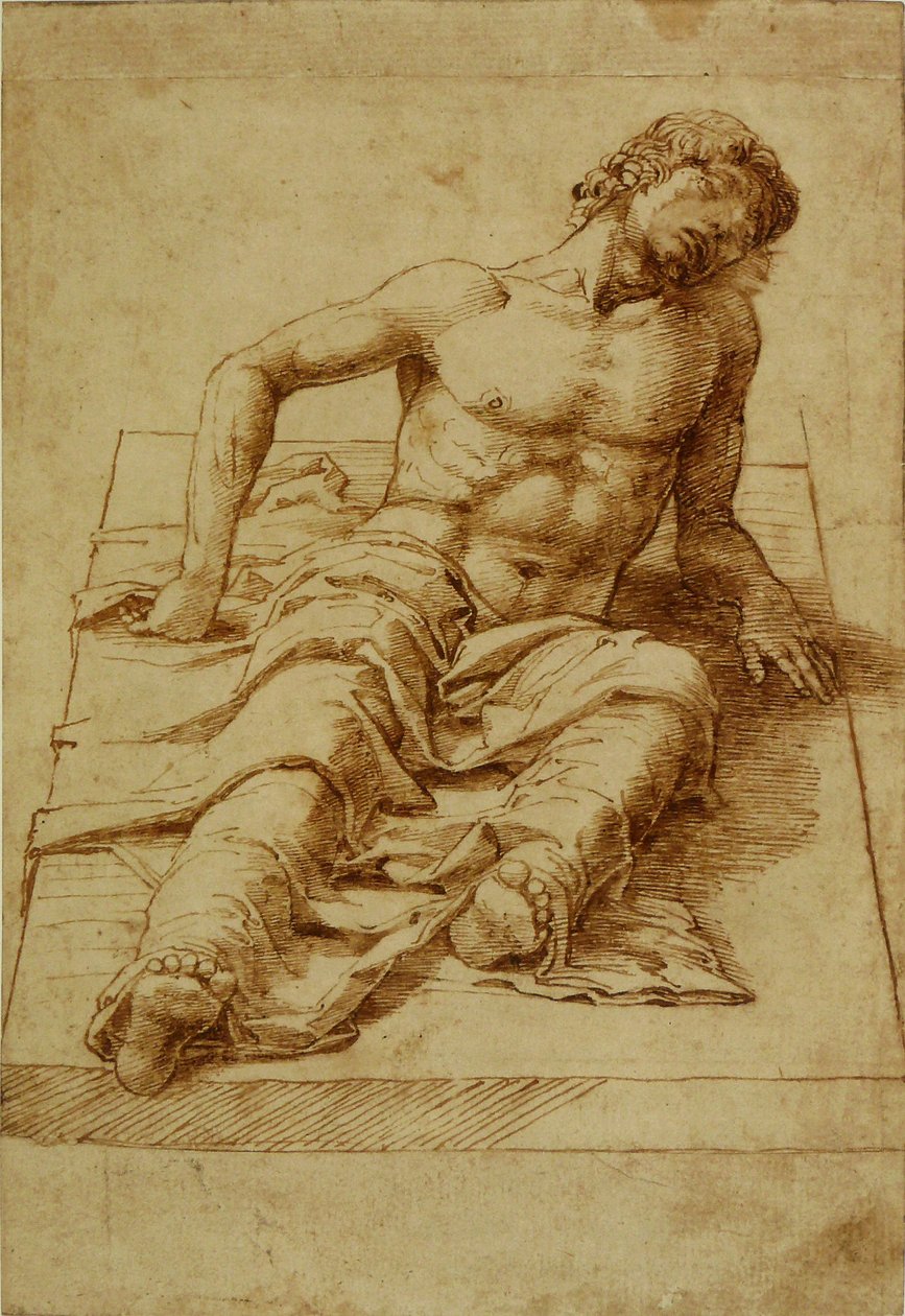 Mann liegend auf einer Steinplatte von Andrea Mantegna
