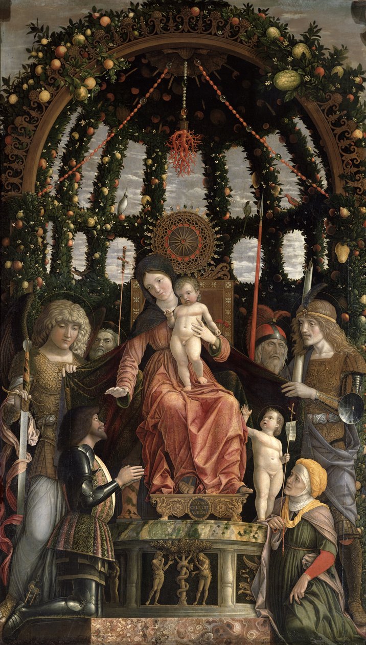 Die Jungfrau des Sieges oder Die Madonna mit Kind auf dem Thron mit sechs Heiligen und verehrt von Gian-Francesco II. Gonzaga, in Auftrag gegeben 1495 von Andrea Mantegna