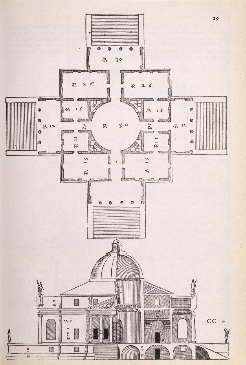 Plan und Querschnitt der Villa Rotunda, Illustration aus einer Faksimileausgabe von 