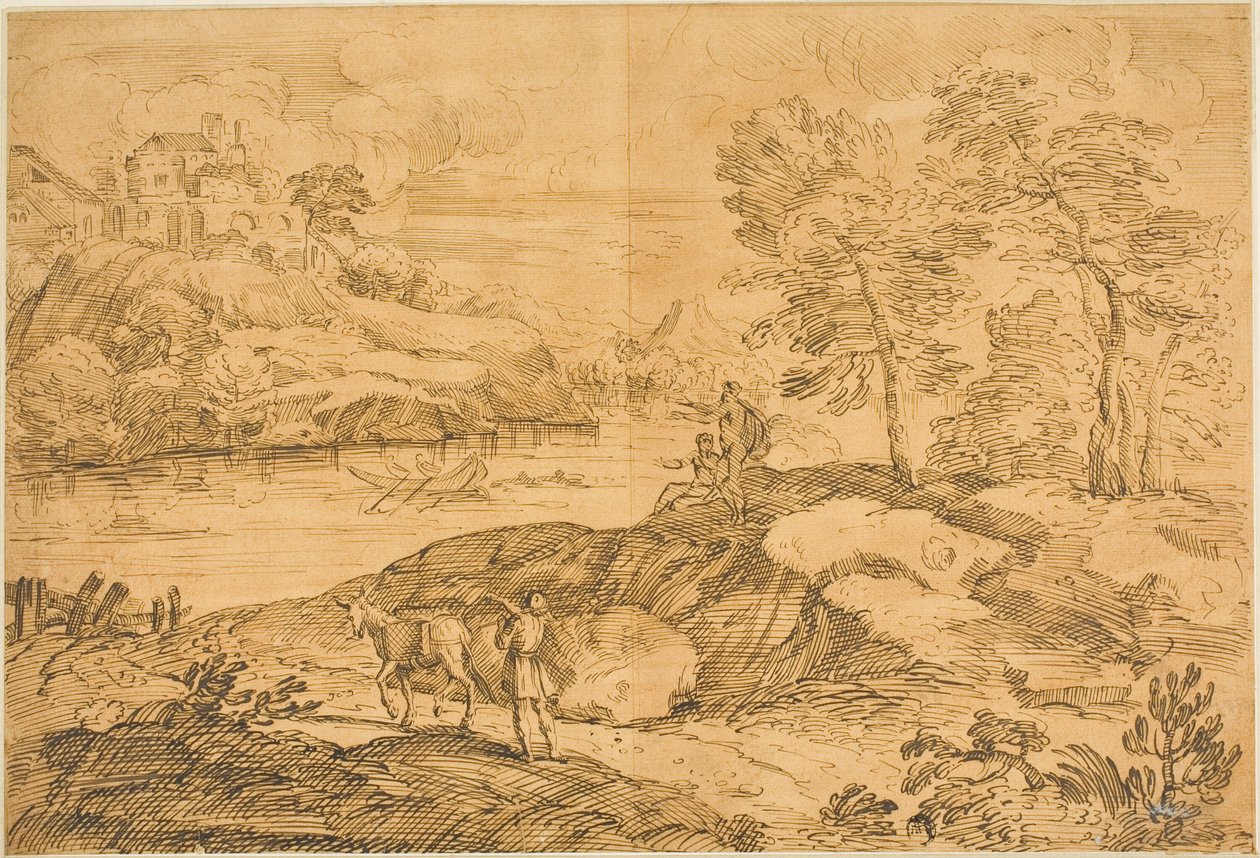 Flusslandschaft mit Mann und Esel, Badende von Andrea Locatelli