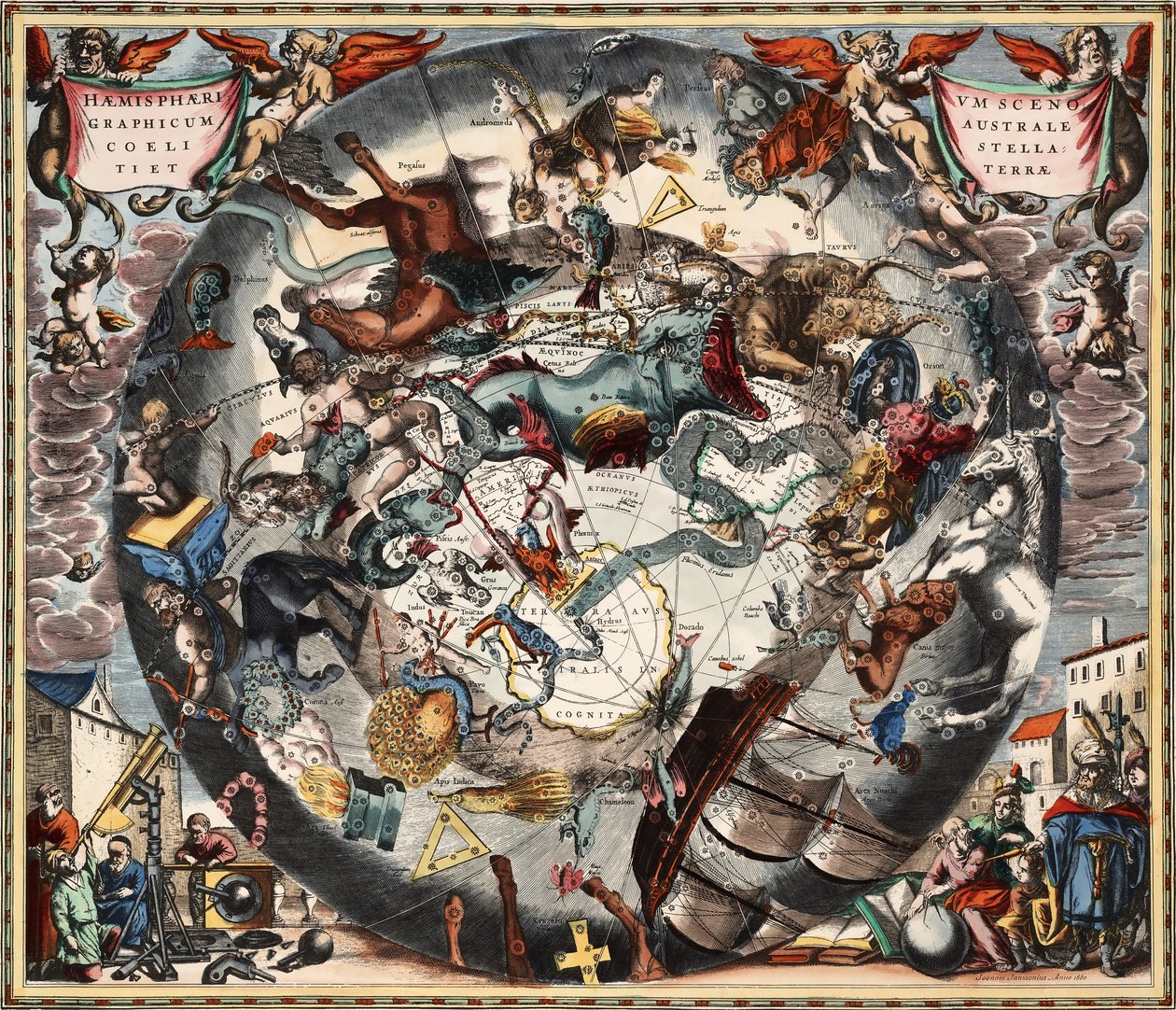 Südliche Himmelskonstellationen szenografisch über dem Erdball von Andreas Cellarius