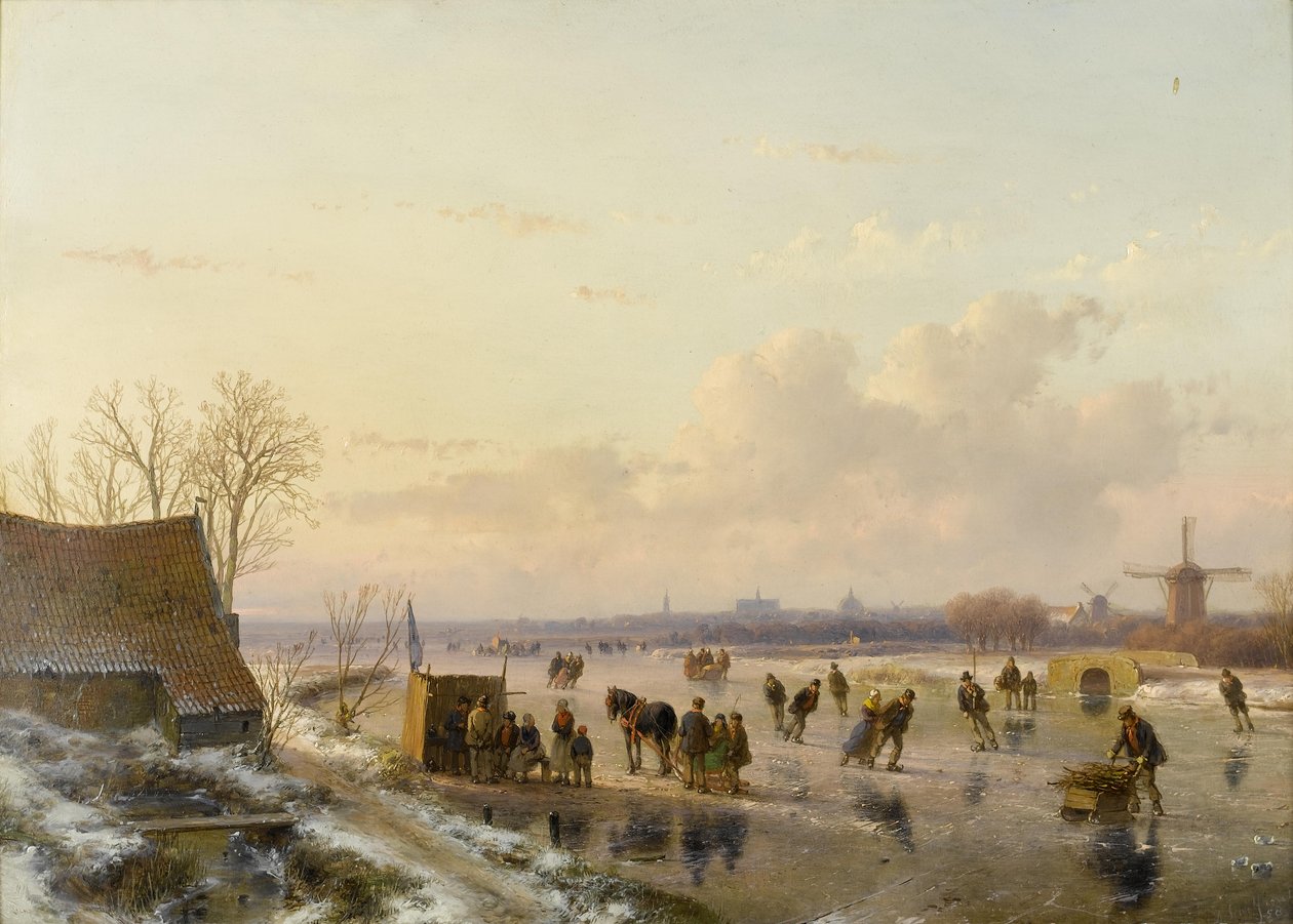 Winterlandschaft mit Schlittschuhläufern, Haarlem in der Ferne von Andreas Schelfhout