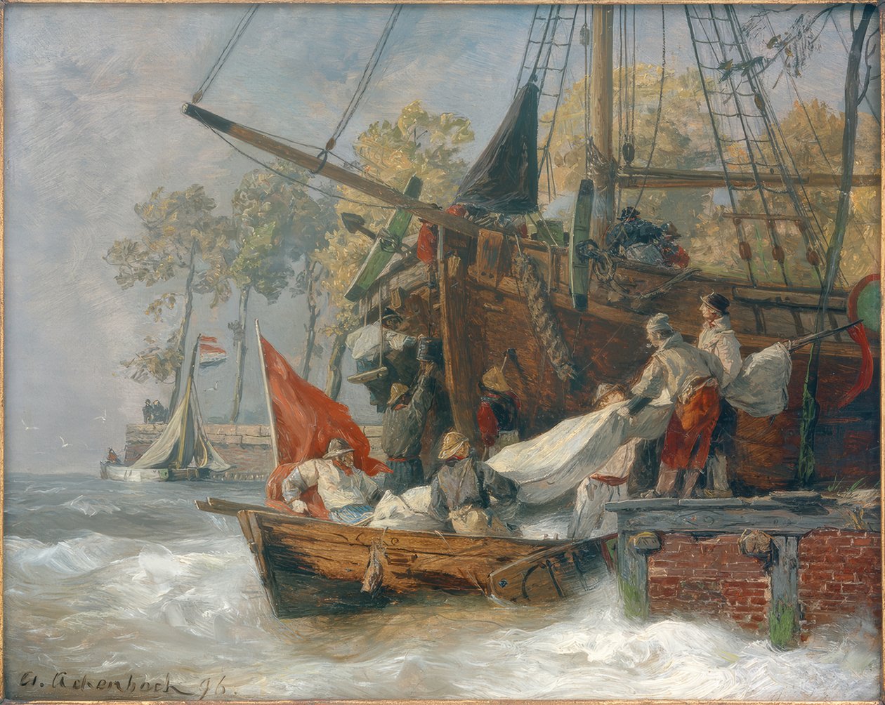 Hafeneinfahrt bei stürmischer See von Andreas Achenbach