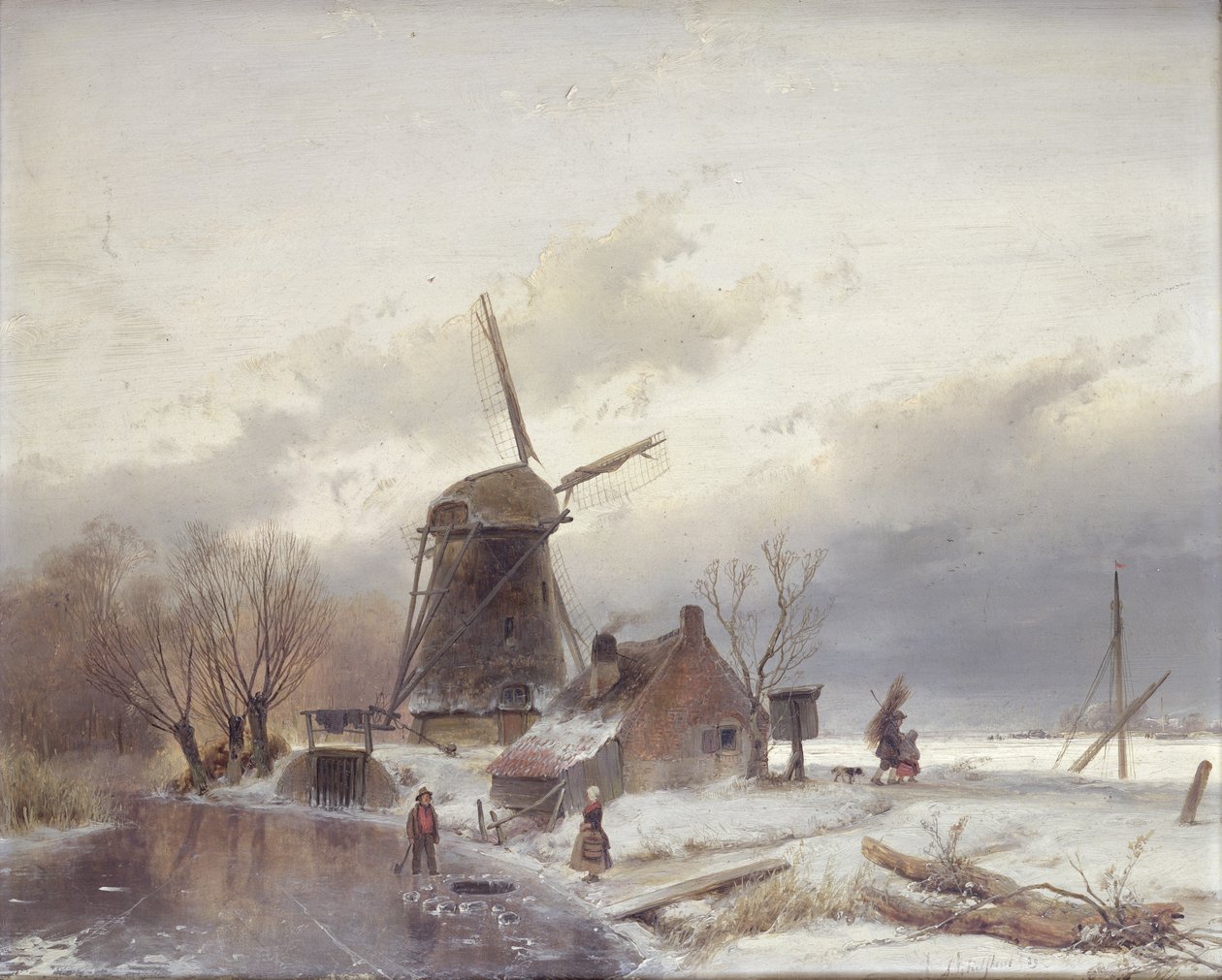 Eine gefrorene Flusslandschaft mit einer Windmühle von Andreas Schelfhout