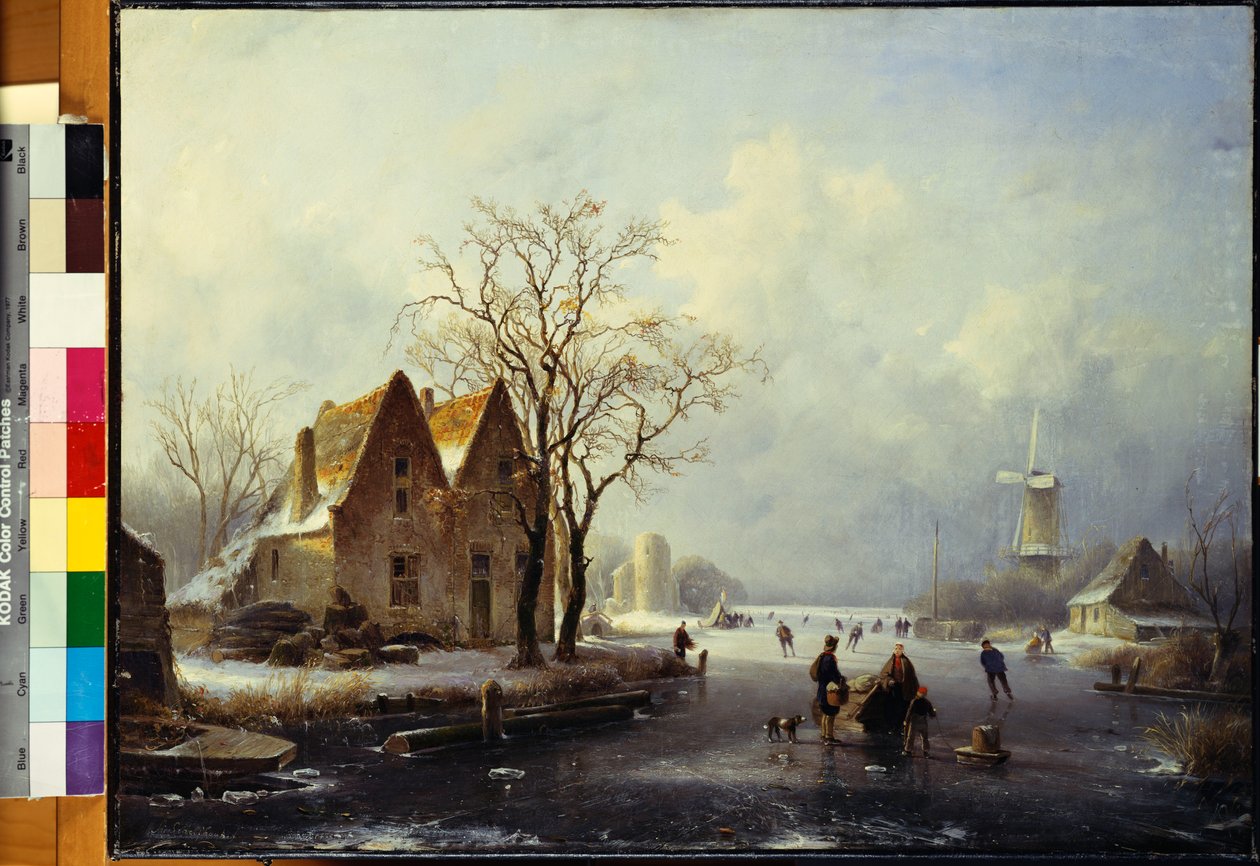 Schlittschuhläufer in einer gefrorenen Winterlandschaft von Andreas Schelfhout
