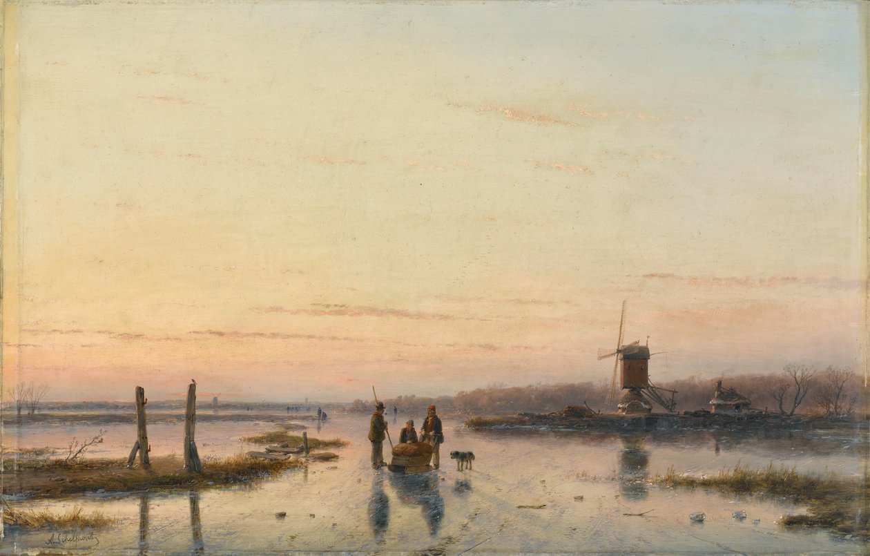 Windmühle an einem zugefrorenen Fluss von Andreas Schelfhout