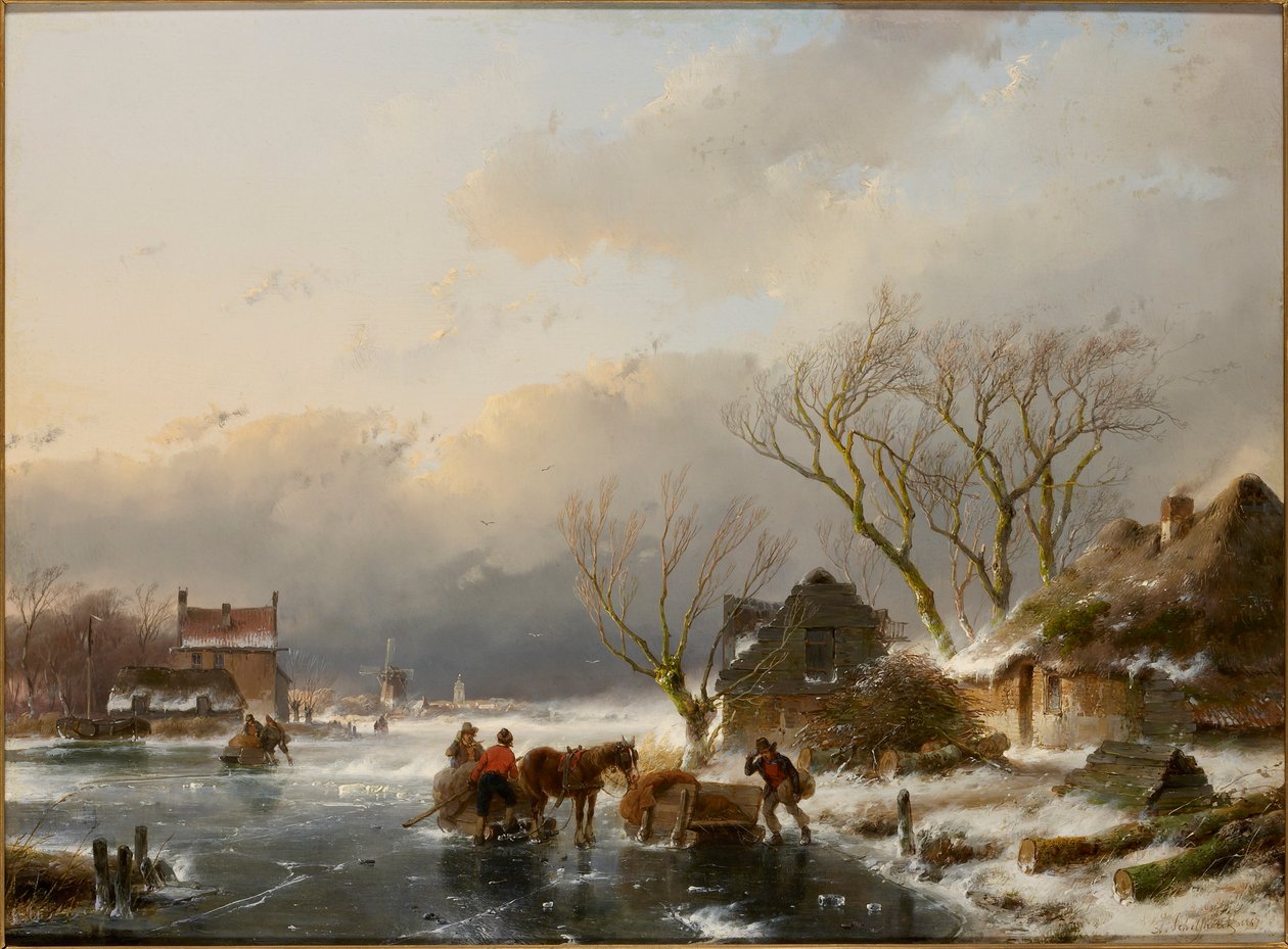Winterlandschaft mit einem zugefrorenen Fluss, 1847 von Andreas Schelfhout
