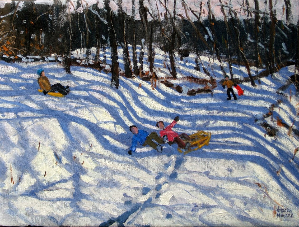 Zwei Jungen fallen von einem Schlitten, Morzine von Andrew Macara