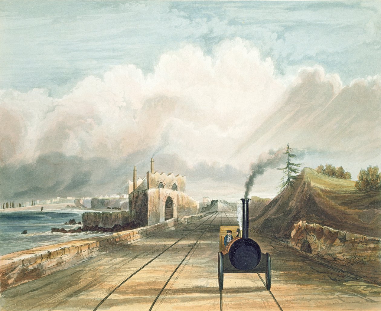 Dublin und Kingstown Railway: Von der Fußgängerbrücke am Sea Point Hotel, Blick Richtung Salt Hill, Kingstown Harbour in der Ferne, graviert von J. Harris, 1834 von Andrew Nicholl