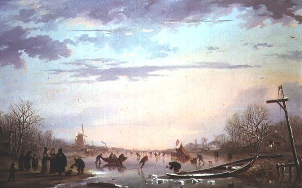 Schlittenszene auf einem zugefrorenen Fluss von Andries Vermeulen