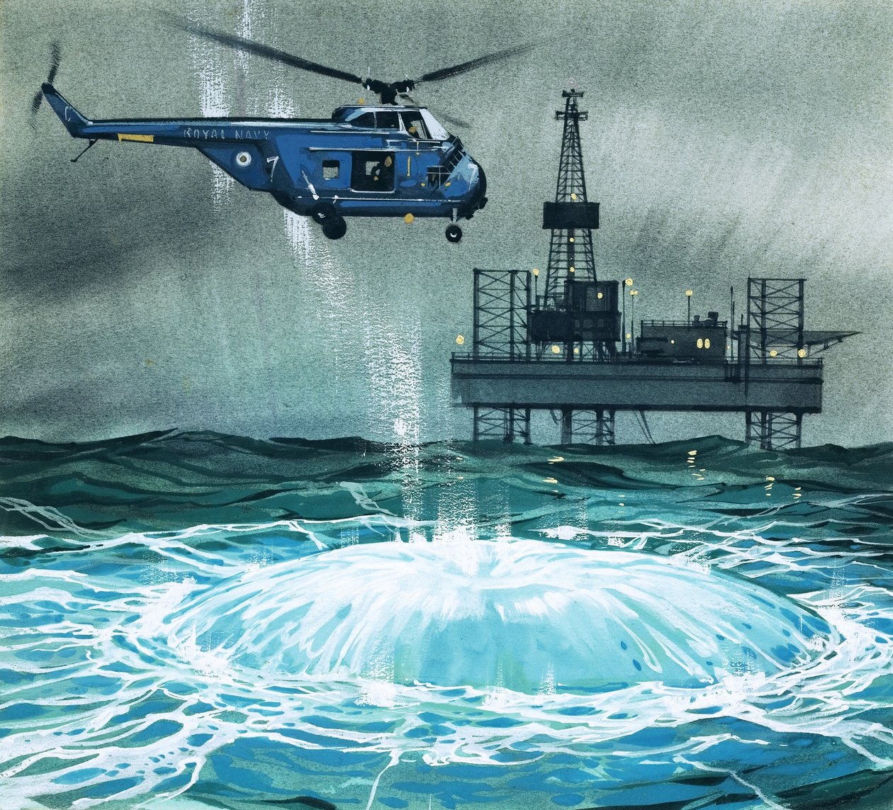 Ein Hubschrauber nähert sich einer Ölplattform von Angus McBride
