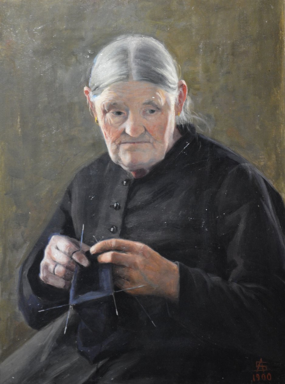 Alte Frau beim Nähen von Anna Sahlstén