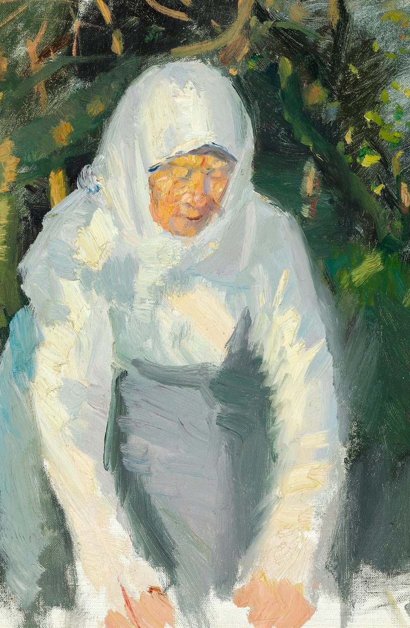 Frau aus Skagen mit weißem Schal von Anna Ancher