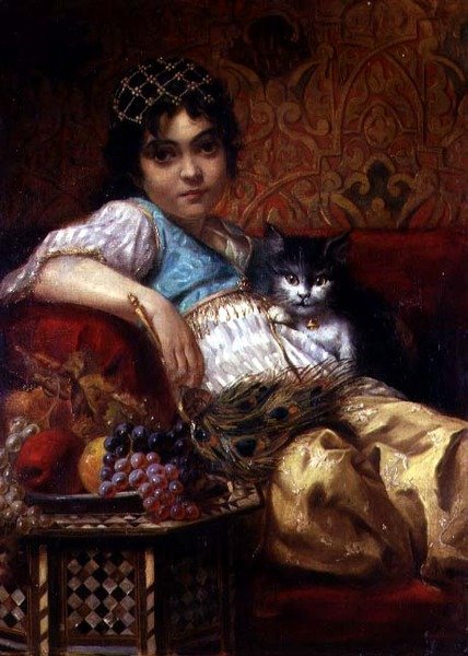 Türkisches Mädchen mit einer Katze von Anne Marie Wirth