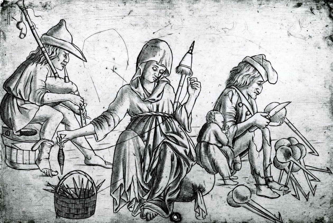 Szene mit einem Musiker, der Dudelsack spielt, einer Frau, die spinnt, und einem Mann, der Löffel schnitzt von Unbekannt Unbekannt