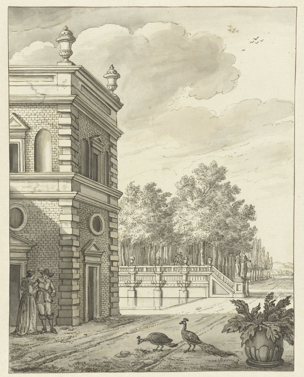 Landhaus mit Teich und zwei Pfauen von Anonymous