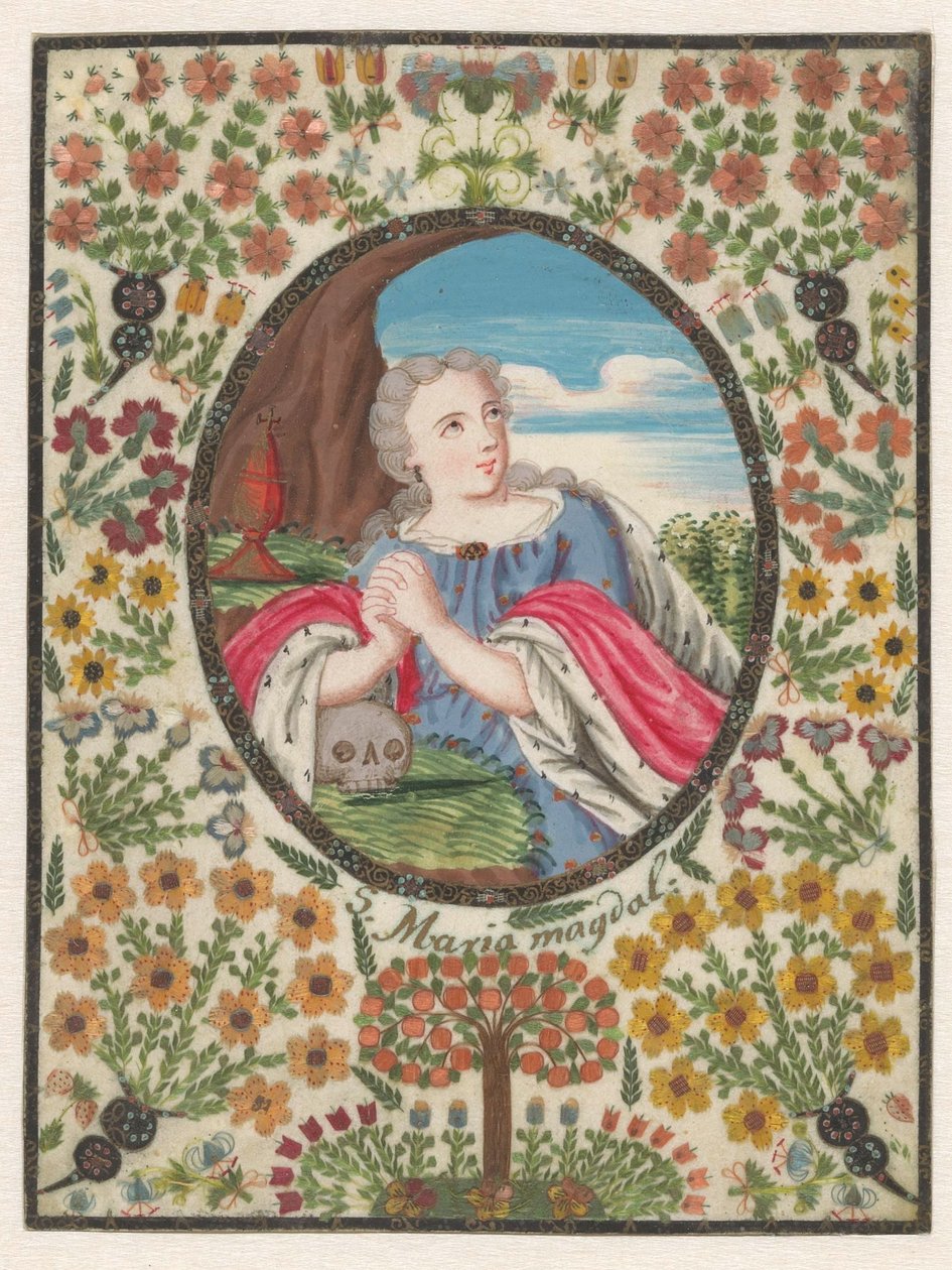 Maria Magdalena in oval mit Blumenrand von Anonymous
