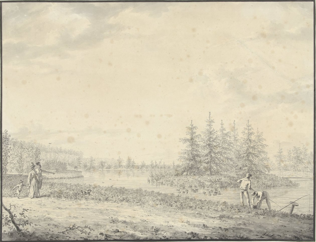 Parklandschaft mit Spaziergängern und Anglern von Anonymous