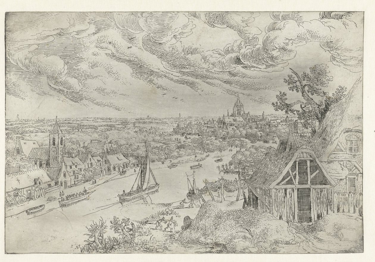 Flusslandschaft mit Treckschute und Netzfischern von Anonymous