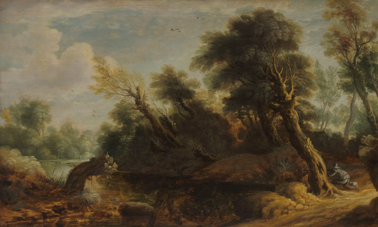 Waldlandschaft mit einem Wildjäger an einem Bach von Anonymous