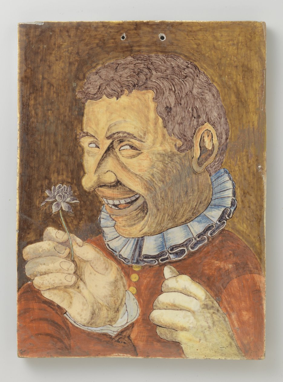 Platte aus Fayence mit Mann mit Blume von Anonymous