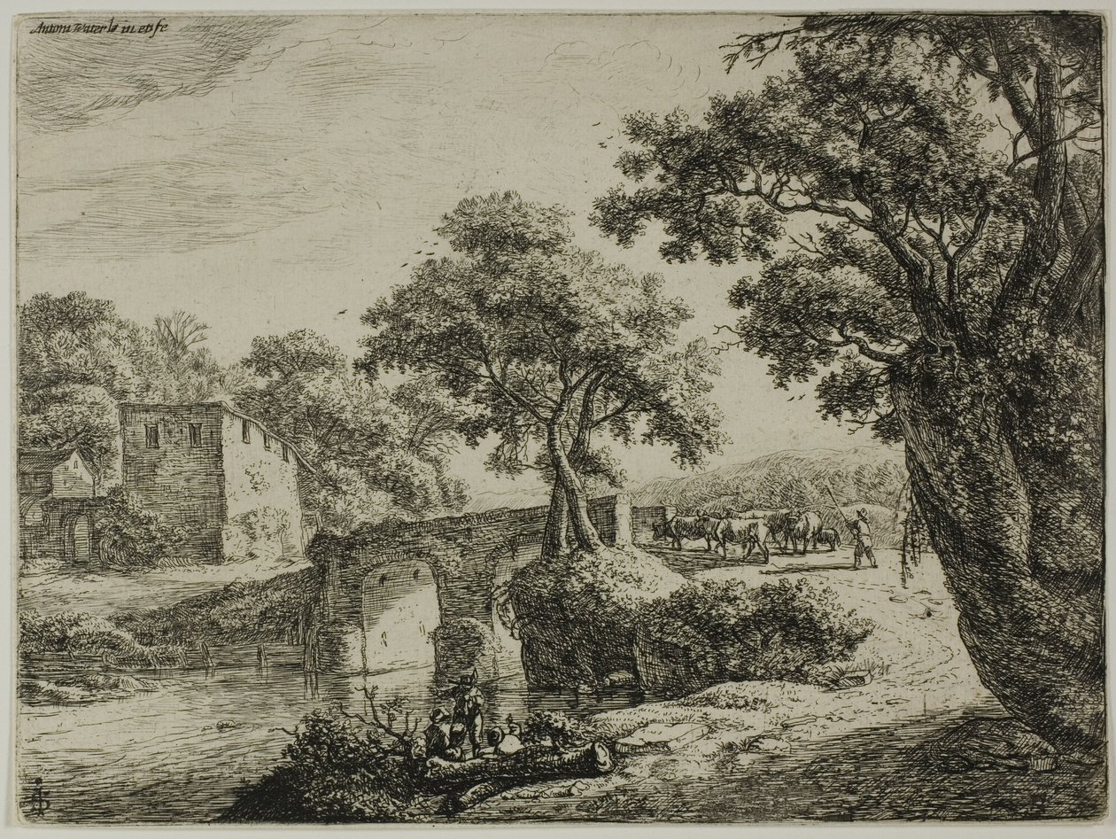Herde in der Nähe einer Steinbrücke von Anthonie Waterloo