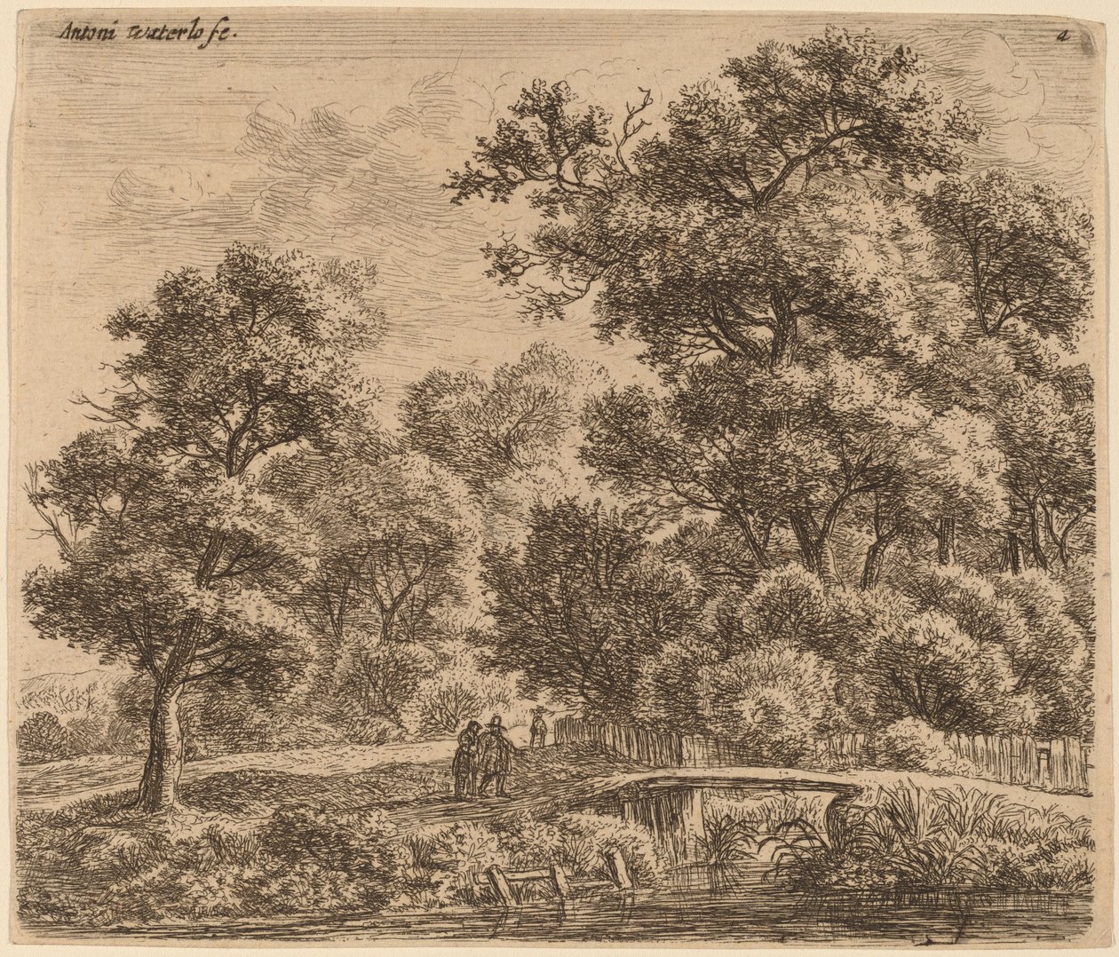 Waldlandschaft mit einer Brücke von Anthonie Waterloo