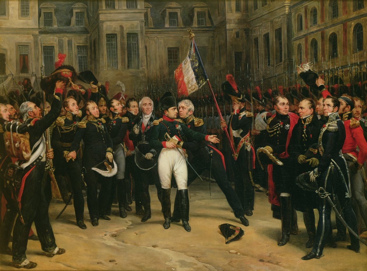 Napoleon I. (1769-1821) verabschiedet sich von der kaiserlichen Garde im Cheval-Blanc-Hof des Schlosses von Fontainebleau, 20. April 1814, 1825 von Antoine Alphonse Montfort