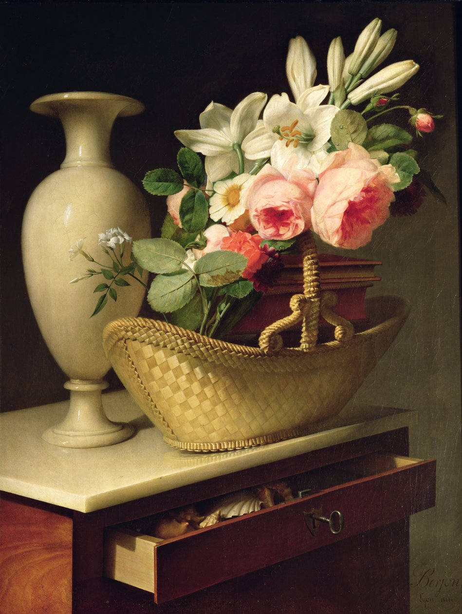 Blumenstrauß aus Lilien und Rosen in einem Korb, 1814 von Antoine Berjon