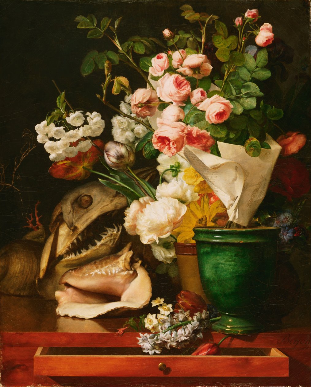 Stillleben mit Blumen, Muscheln, einem Haikopf und Versteinerungen von Antoine Berjon