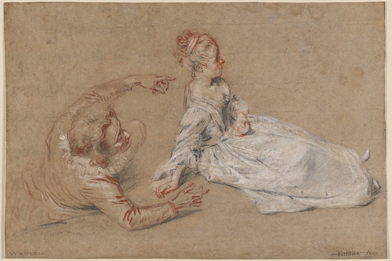 Ein Mann liegend und eine Frau auf dem Boden sitzend von Jean Antoine Watteau