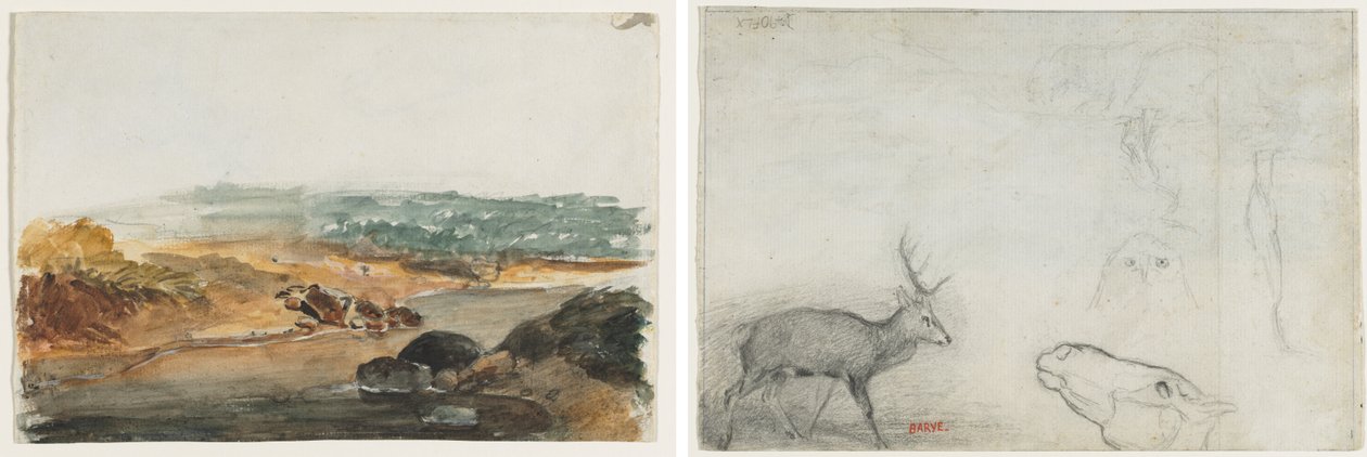 Landschaft (recto); Tierstudien (verso) von Antoine Louis Barye