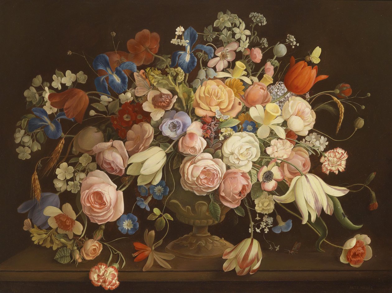 Großes dekoratives Blumenstillleben von Anton Muller