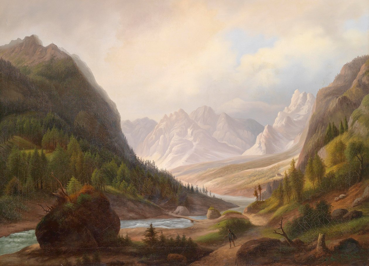Wanderer im Gebirgstal von Anton Schiffer