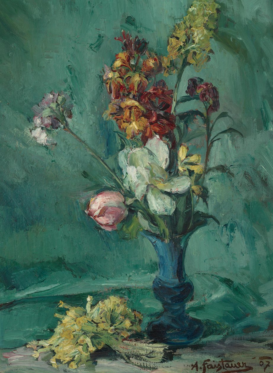 Blumen in blauer Vase und Schlüsselblumenstrauß von Anton Faistauer