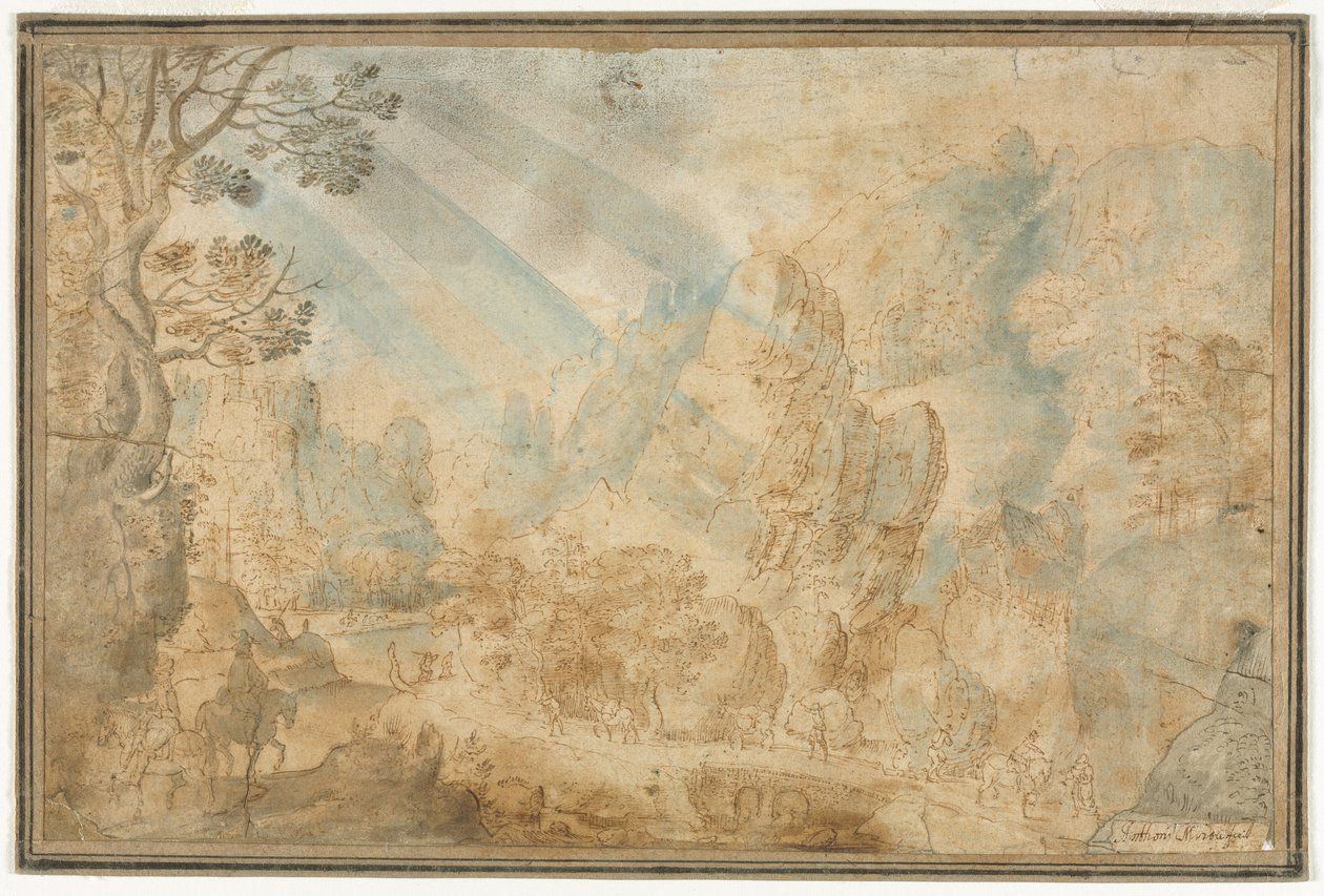 Berglandschaft mit Figuren, erste Hälfte 1600er von Anton Mirou
