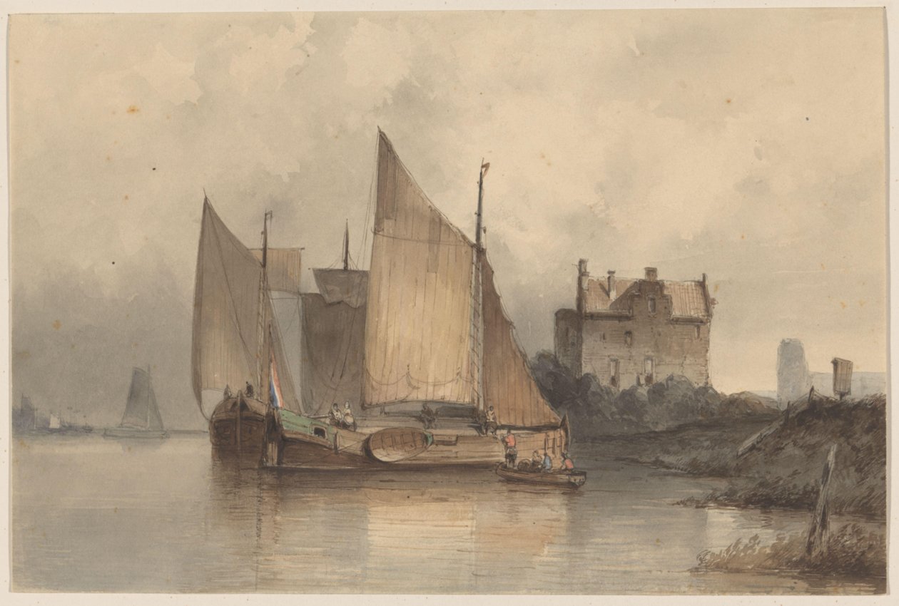 Flussansicht mit einem Segelschiff von Antonie Waldorp
