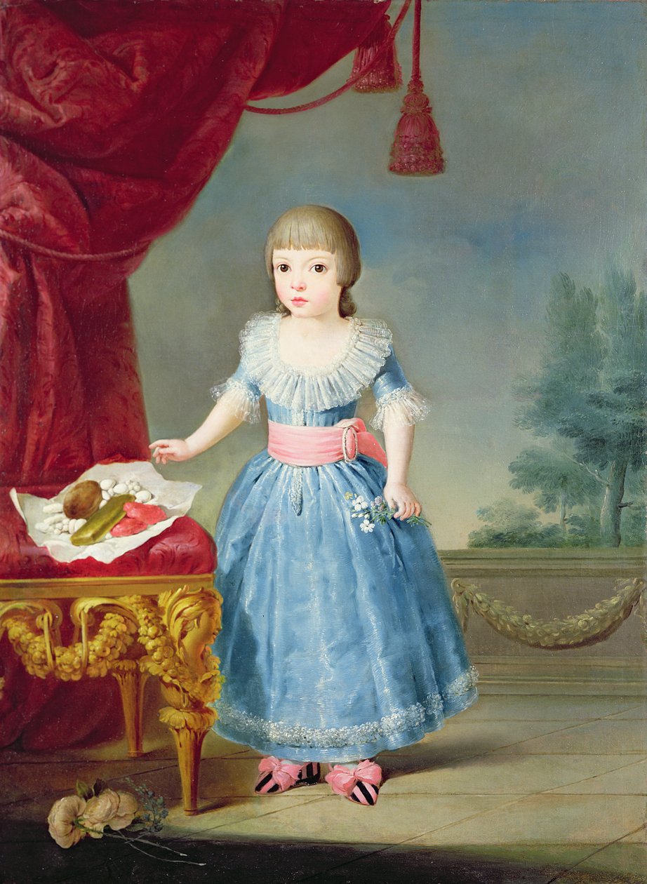 Mädchen in einem blauen Kleid an einem Tisch mit Süßigkeiten von Antonio Carnicero